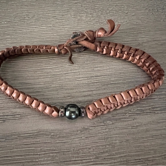 Very Rare from Free people!Brown Braided Leather choker necklace with black bead
